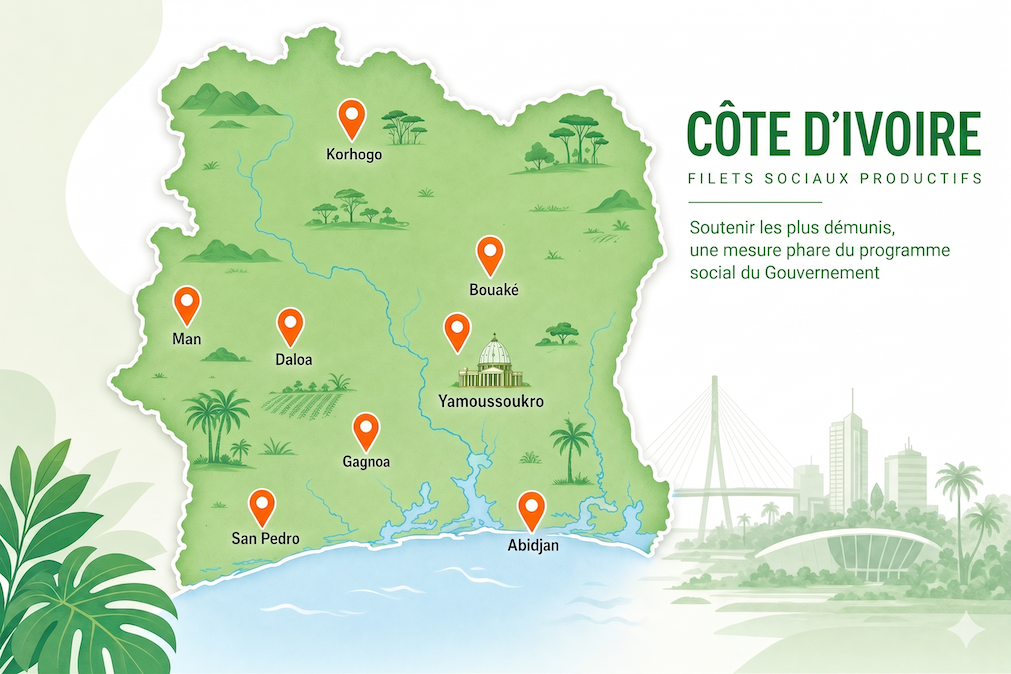 Carte de la Côte d'Ivoire — couverture du programme Filets Sociaux à Abidjan, Yamoussoukro, Bouaké, San Pedro, Korhogo, Daloa, Man et Gagnoa